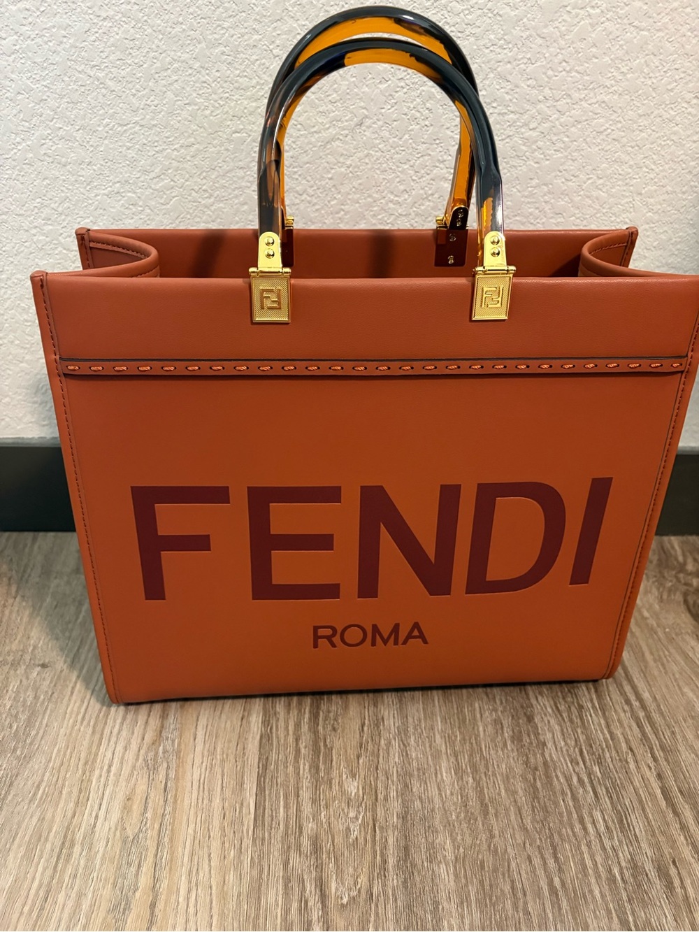 Orange Leather Tote with Tortoiseshell-Style Handles